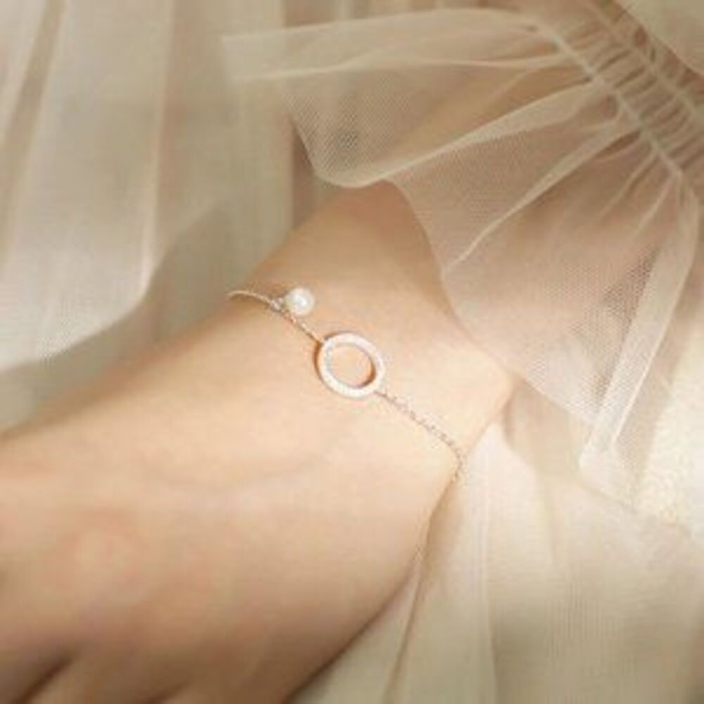 925 Sterling Silver Diamond Circle Pearl Bracelet